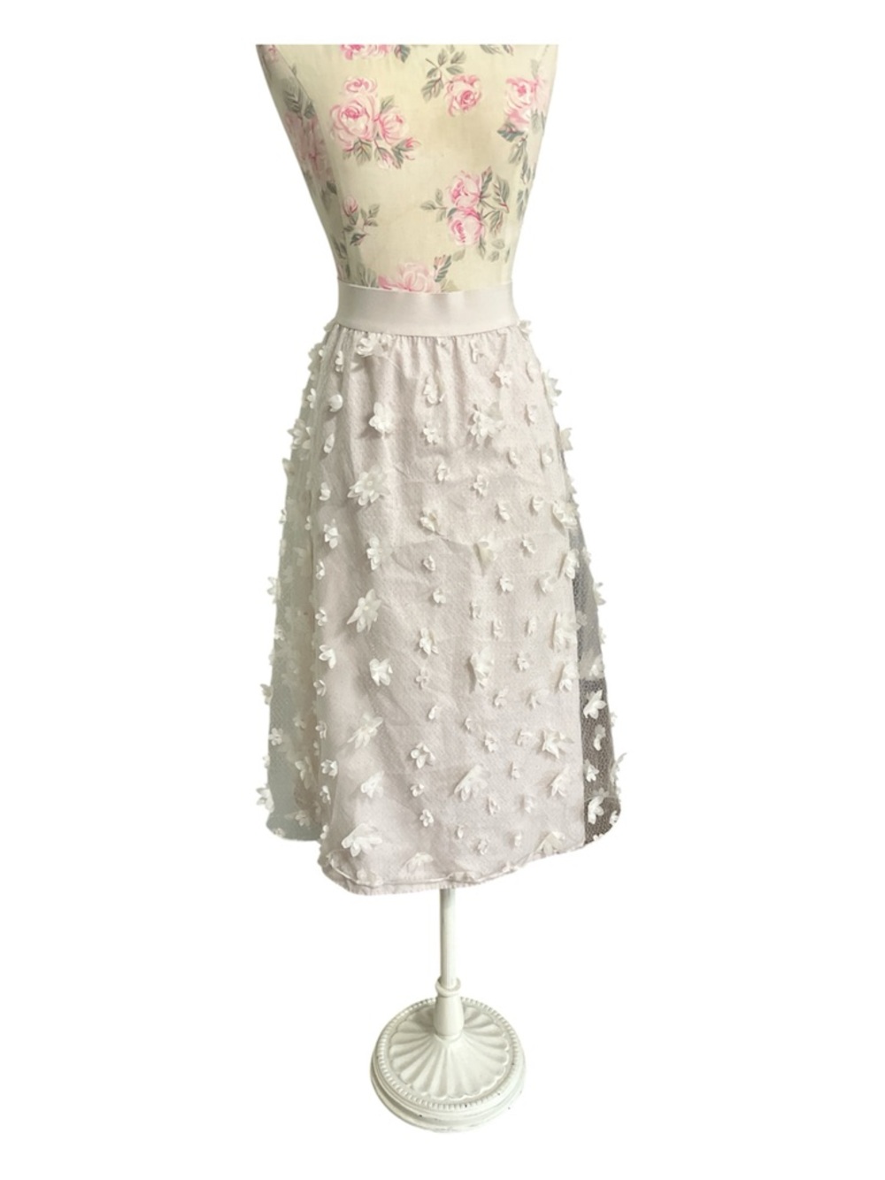 Alice Blue Ivory 3D Floral Midi Skirt